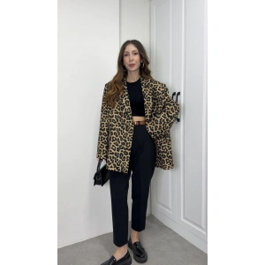 Leopar Astarlı Oversize Blazer Ceket
