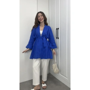 Müslin Kumaş Bağlamalı Saks Mavi Kimono