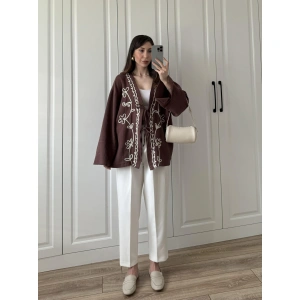 Müslin Kumaş Kahve Nakışlı Kimono