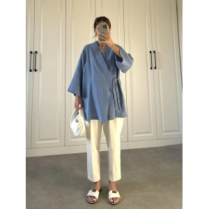 Müslin Kumaş Yandan Bağlamalı Mavi Kimono