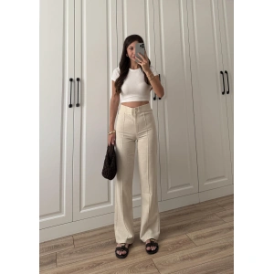 Nervür Dikişli Yükselbel Keten Pantolon