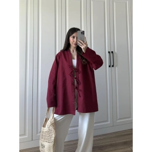 Önü Bağlamalı Bordo Keten Kimono