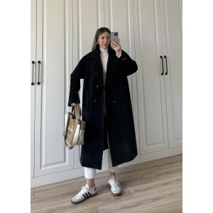 Oversize Premium Astarlı Siyah Yün Kaban