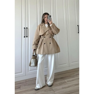 Poem Kuşaklı Astarlı Oversize Bej Trençkot