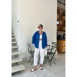 Saks Mavi Oversize Tensel Gömlek