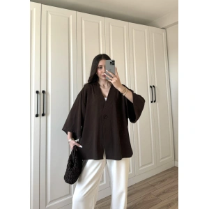 Sofi Düğmeli Oversize Kahve Crep Kumaş Gömlek