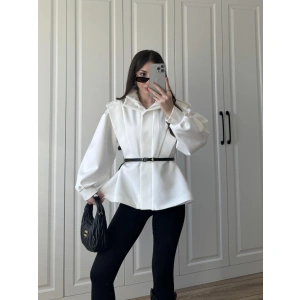 Tasarım Kemerli Duble Beyaz Trenç Ceket