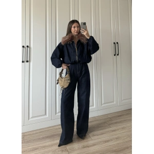 Yakası Çıkarılabilir Kürk Detaylı Denim Takım