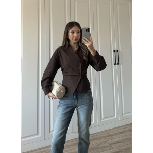 Yandan Düğmeli Çapraz Tasarım Kahve Poplin Gömlek