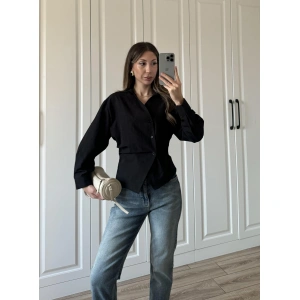 Yandan Düğmeli Çapraz Tasarım Siyah Poplin Gömlek