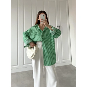 Zr Etiketli Oversize Çizgili Yeşil Poplin Gömlek