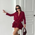 Kadın Bordo Gömlek Yaka Volanlı Pileli Mini Elbise