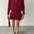Kadın Bordo Gömlek Yaka Volanlı Pileli Mini Elbise