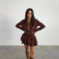 Kadın Kahverengi Gömlek Yaka Volanlı Pileli Mini Elbise