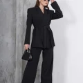 Kadın Siyah Kuşaklı Blazer Ceketli Geniş Paça Şık Takım