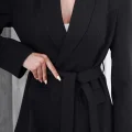 Kadın Siyah Kuşaklı Blazer Ceketli Geniş Paça Şık Takım