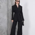 Kadın Siyah Kuşaklı Blazer Ceketli Geniş Paça Şık Takım