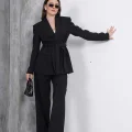 Kadın Siyah Kuşaklı Blazer Ceketli Geniş Paça Şık Takım