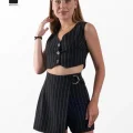 Kadın Siyah Çizgili Crop Yelek