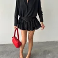 Kadın Siyah Gömlek Yaka Volanlı Pileli Mini Elbise