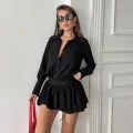 Kadın Siyah Gömlek Yaka Volanlı Pileli Mini Elbise