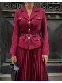 Kadın Bordo Kemerli Blazer Ceket ve Pilliseli Takım