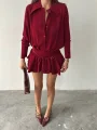 Kadın Bordo Gömlek Yaka Volanlı Pileli Mini Elbise