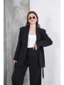 Kadın Siyah Kuşaklı Blazer Ceketli Geniş Paça Şık Takım
