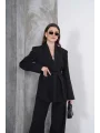 Kadın Siyah Kuşaklı Blazer Ceketli Geniş Paça Şık Takım