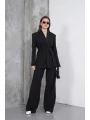 Kadın Siyah Kuşaklı Blazer Ceketli Geniş Paça Şık Takım