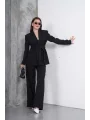 Kadın Siyah Kuşaklı Blazer Ceketli Geniş Paça Şık Takım