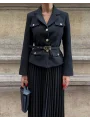 Kadın Siyah Kemerli Blazer Ceket ve Piliseli Takım