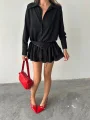 Kadın Siyah Gömlek Yaka Volanlı Pileli Mini Elbise