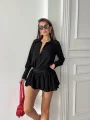 Kadın Siyah Gömlek Yaka Volanlı Pileli Mini Elbise
