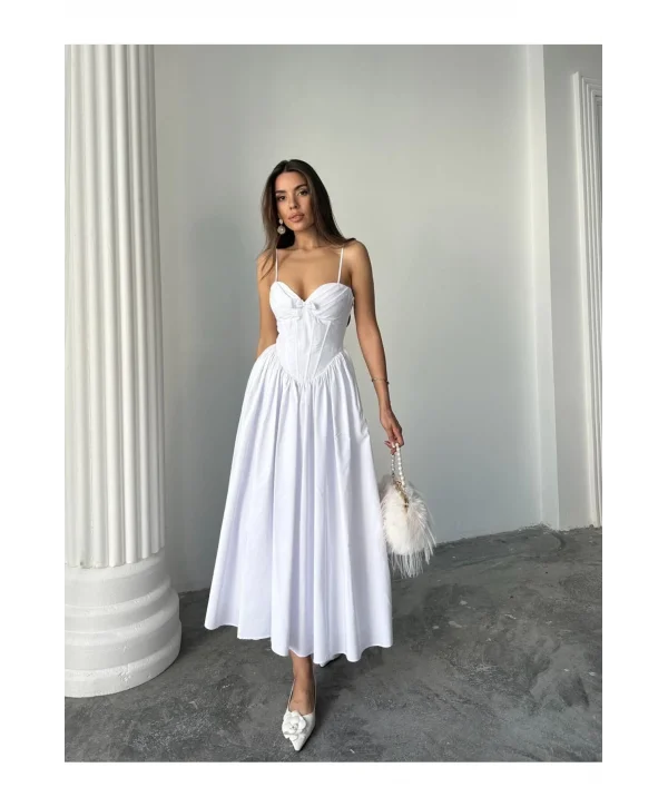 Kadın Poplin Kumaş Kurdeleli Askılı Midi Elbise