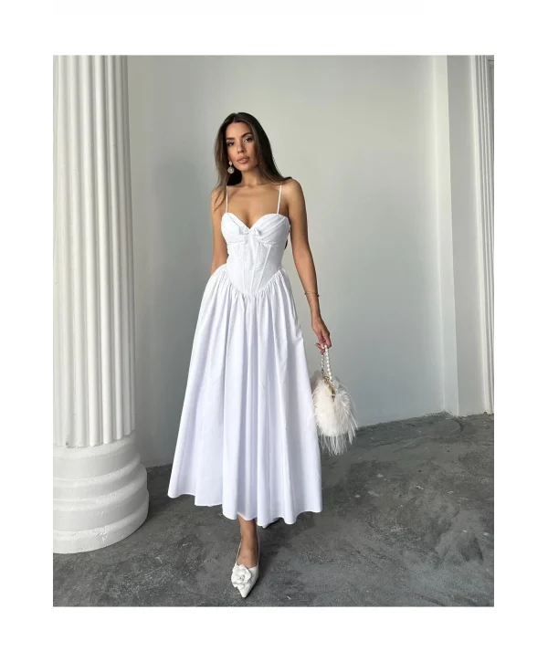 Kadın Poplin Kumaş Kurdeleli Askılı Midi Elbise