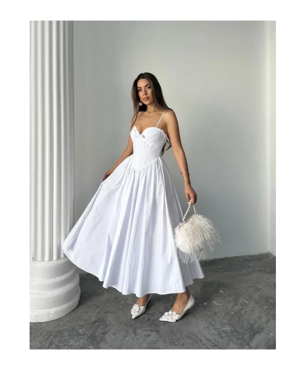 Kadın Poplin Kumaş Kurdeleli Askılı Midi Elbise