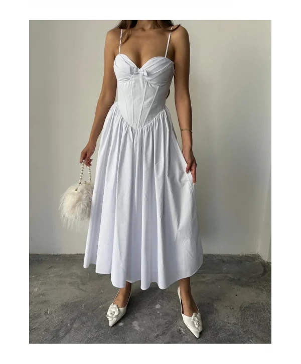 Kadın Poplin Kumaş Kurdeleli Askılı Midi Elbise