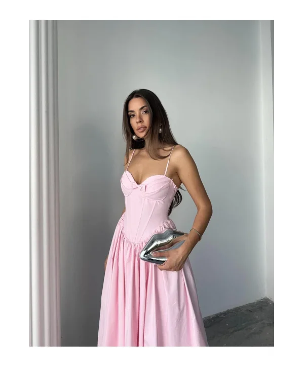 Kadın Poplin Kumaş Kurdeleli Askılı Midi Elbise