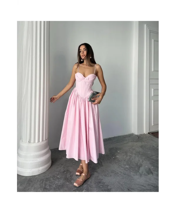 Kadın Poplin Kumaş Kurdeleli Askılı Midi Elbise