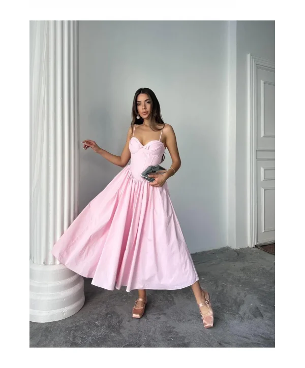 Kadın Poplin Kumaş Kurdeleli Askılı Midi Elbise