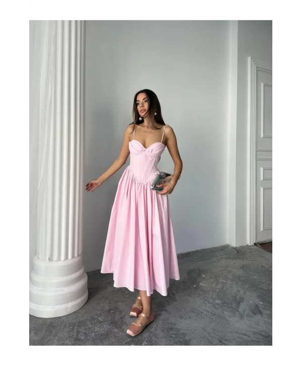 Kadın Poplin Kumaş Kurdeleli Askılı Midi Elbise