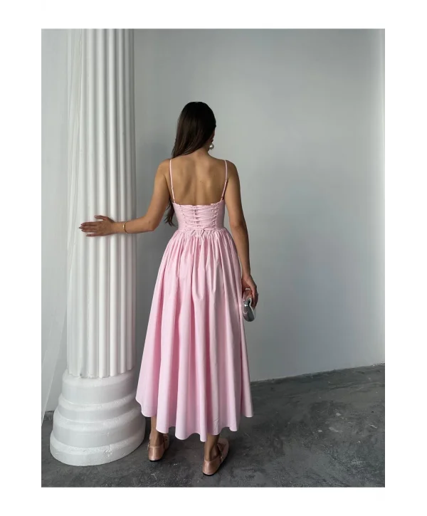 Kadın Poplin Kumaş Kurdeleli Askılı Midi Elbise