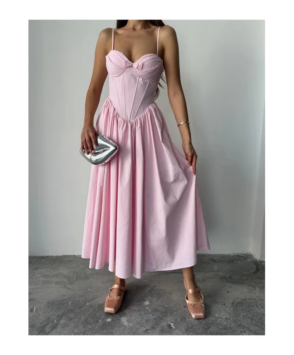 Kadın Poplin Kumaş Kurdeleli Askılı Midi Elbise