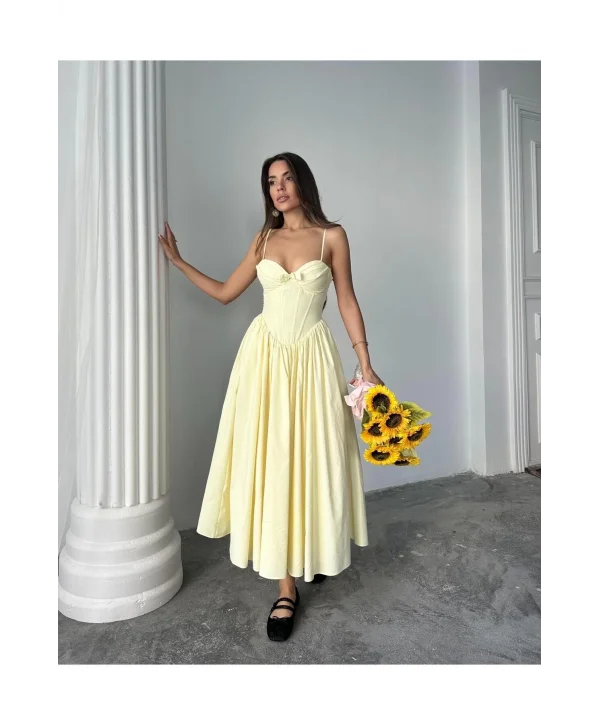 Kadın Poplin Kumaş Kurdeleli Askılı Midi Elbise