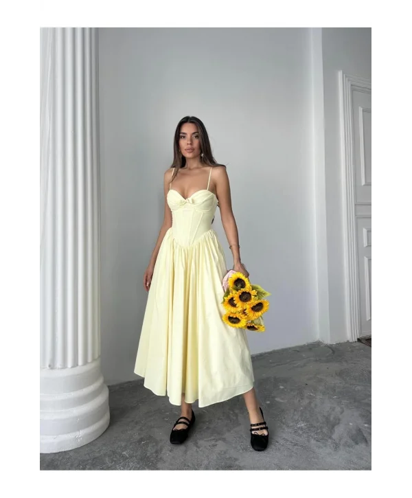 Kadın Poplin Kumaş Kurdeleli Askılı Midi Elbise