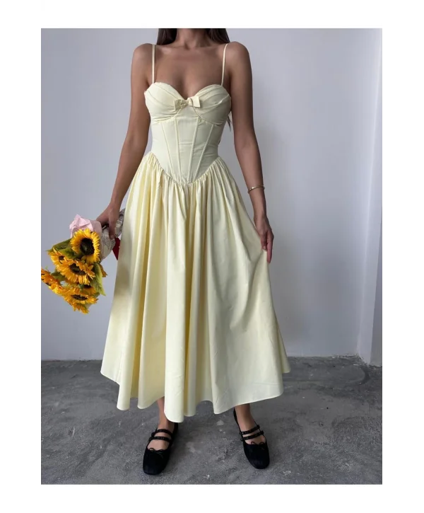 Kadın Poplin Kumaş Kurdeleli Askılı Midi Elbise