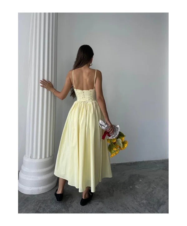 Kadın Poplin Kumaş Kurdeleli Askılı Midi Elbise