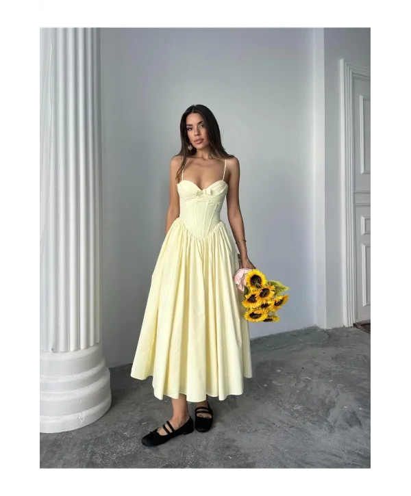 Kadın Poplin Kumaş Kurdeleli Askılı Midi Elbise