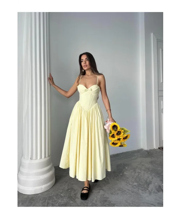 Kadın Poplin Kumaş Kurdeleli Askılı Midi Elbise